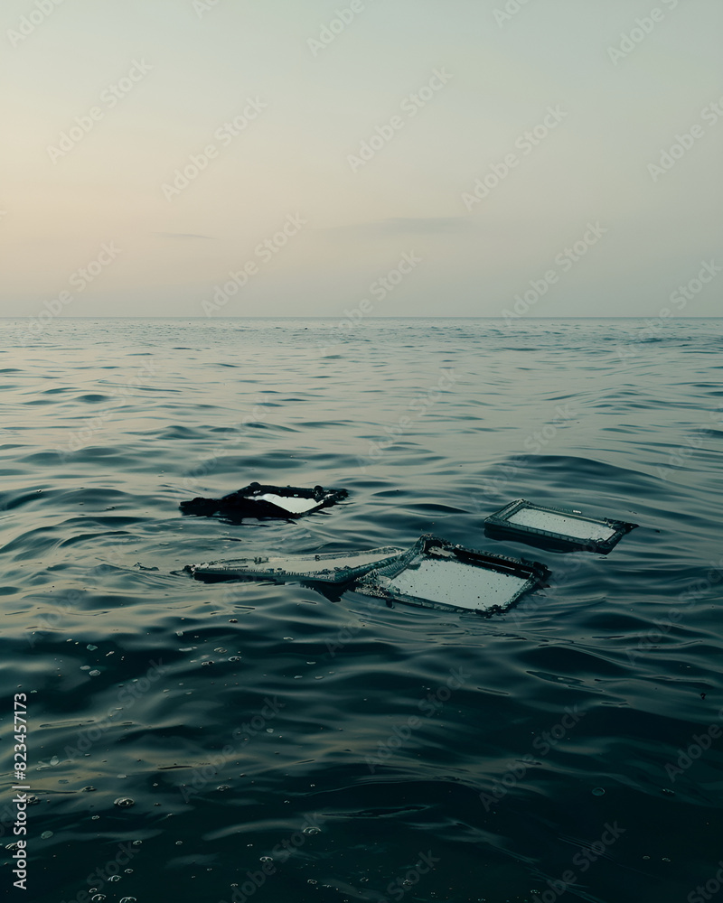 Fototapeta premium Mirrors float in the sea, surreal picture