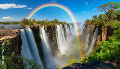 Victoria Falls (Mosi-oa-Tunya), worlds largest waterfall located on the Zambezi River. Rainbow jutting through blue skies, looking out over walkway surrounding the falls photo