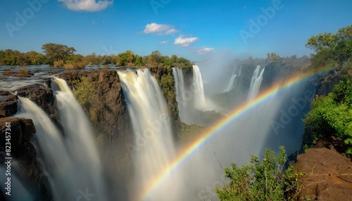 Victoria Falls  Mosi-oa-Tunya   worlds largest waterfall located on the Zambezi River. Rainbow jutting through blue skies  looking out over walkway surrounding the falls
