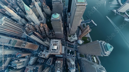 Aerial photo of Lower Manhattan architecture and a flyover of the Wall Street Financial District. This photo features water transportation in the Hudson River as well as office building scenery. photo