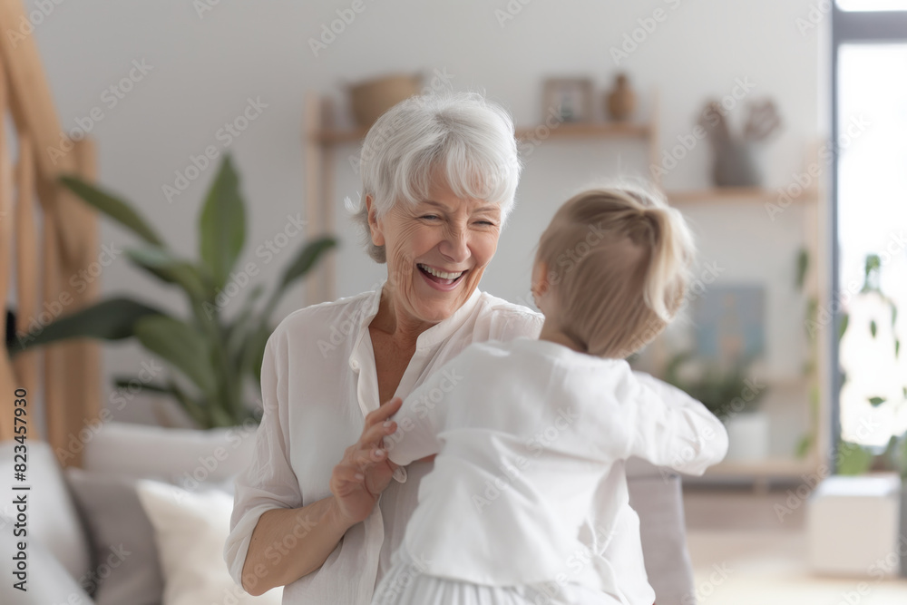 Fototapeta premium Elderly woman hugging young girl at home, showing love, affection, and generational bonding, happy family moment.