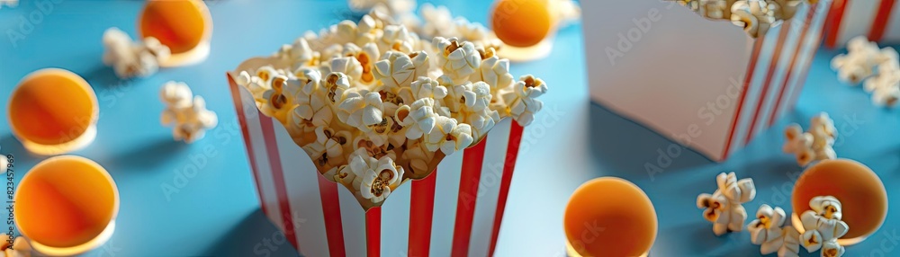 Close-up of two popcorn boxes with scattered popcorn and caramel candies on a blue surface. Close-up of two popcorn boxes with scattered popcorn and caramel candies on a blue surface.