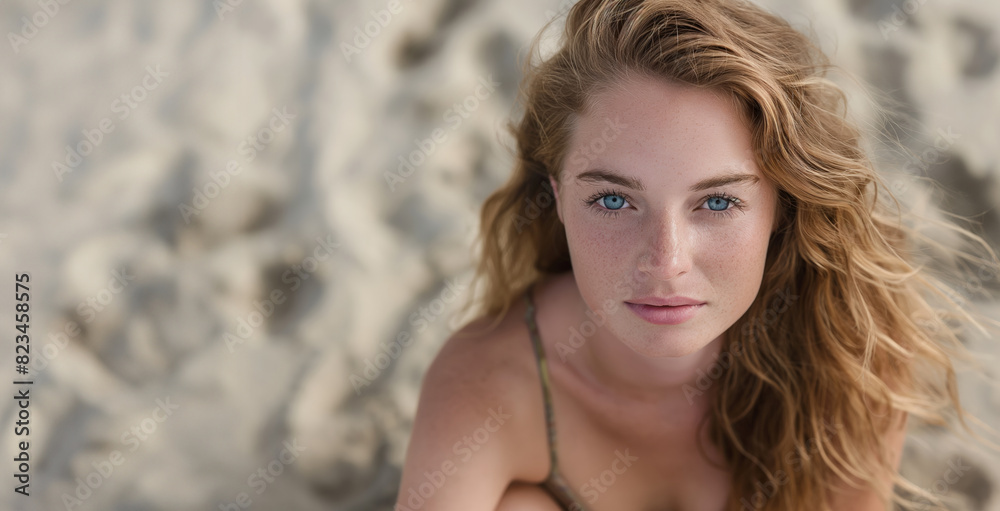 Portrait of a young woman with blue eyes, freckles, and beach background, looking directly at camera Portrait of a young woman with blue eyes, freckles, and beach background, looking directly at camera