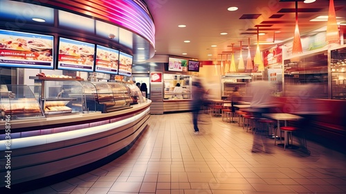 bustling blurred fast food restaurant interior