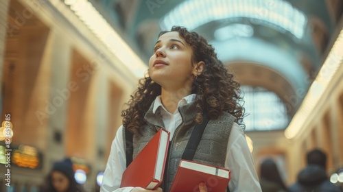 An intelligent Caucasian female student holding books in a crowded train station. She is dressed in a sweater vest and white shirt and is looking up to the sky with hopeful eyes. photo