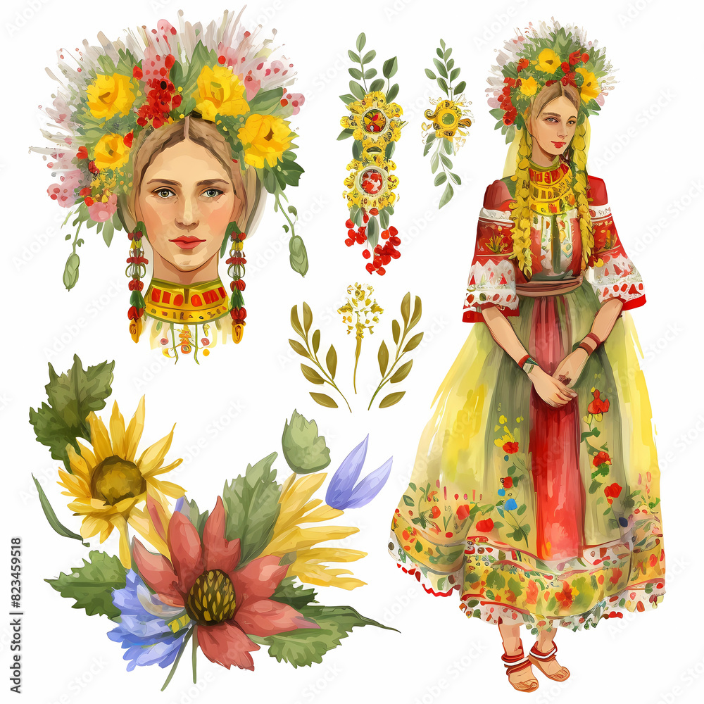 Fototapeta premium Ukranian Girl in national costume with a flower crown. Woman folk art watercolor illustration