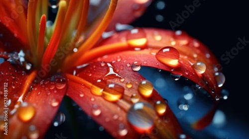 beautiful flower with dew on the petals. Pink to orange flowers with soft, dew-shining petals
