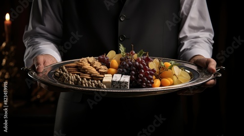 cheese person hold a silver platter photo