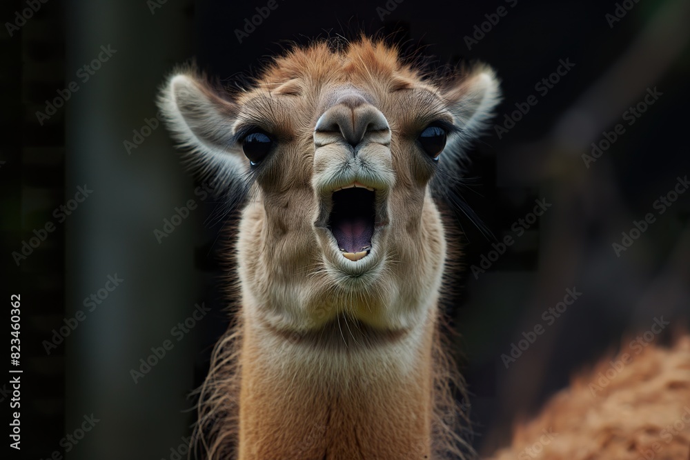 Obraz premium A llama, with mouth agape, shows off its charming and curious nature.