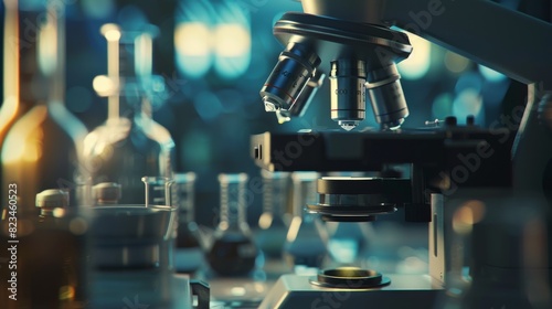 An image of test tubes with a scientific microscope in a high-tech genetics lab.