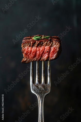 Juicy Medium Rare Steak on a Fork Against a Dark Background