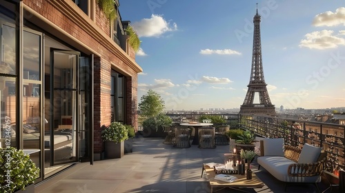 Appartement parisien avec terrasse et vue sur la tour Eiffel   photo