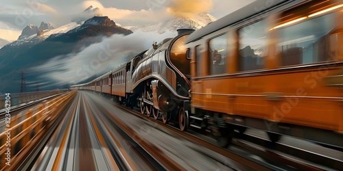 1920s Orient Express train speeding on track with mountains in background. Concept Vintage Transportation, Train Travel, Mountain Landscape, Historical Mode of Travel, Nostalgic Adventure photo