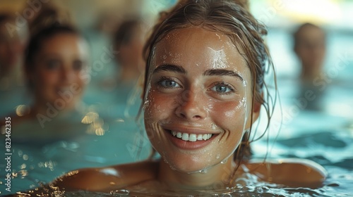Radiant young woman with wet hair and a glimmering smile in a swimming pool  signifying fun and freshness