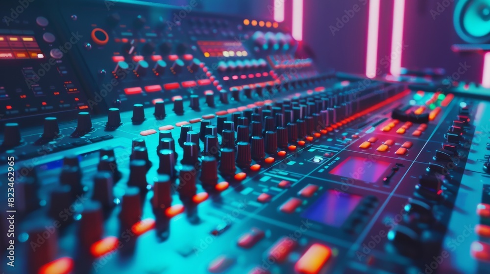 A modern music recording studio control desk with a Mixer, Automatic Equalizer, and other professional equipment. It is equipped with switches, buttons, sliders, mixers, and motorized faders that A modern music recording studio control desk with a Mixer, Automatic Equalizer, and other professional equipment. It is equipped with switches, buttons, sliders, mixers, and motorized faders that
