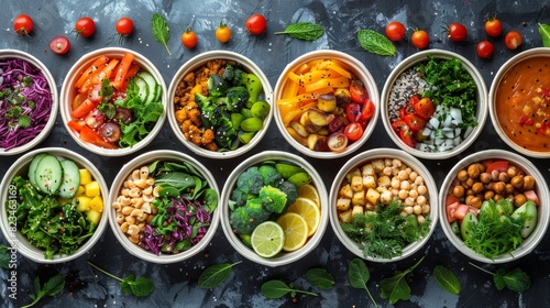 An array of colorful, individually portioned bowls filled with a variety of healthy ingredients photo
