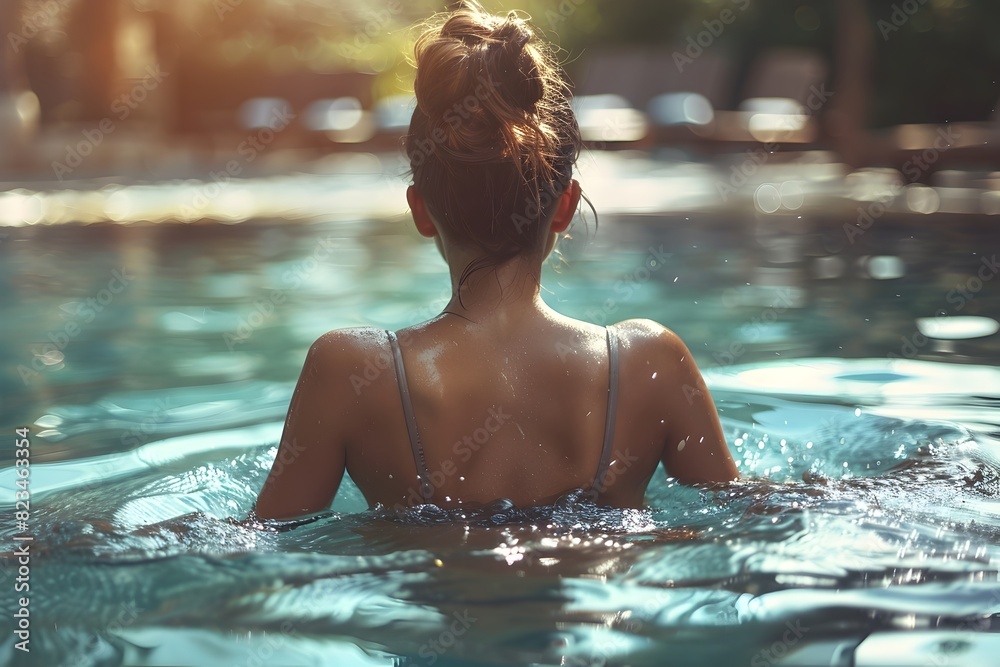 Woman in Bikini Relaxing in Sunlit Pool - Generative AI Woman in Bikini Relaxing in Sunlit Pool - Generative AI