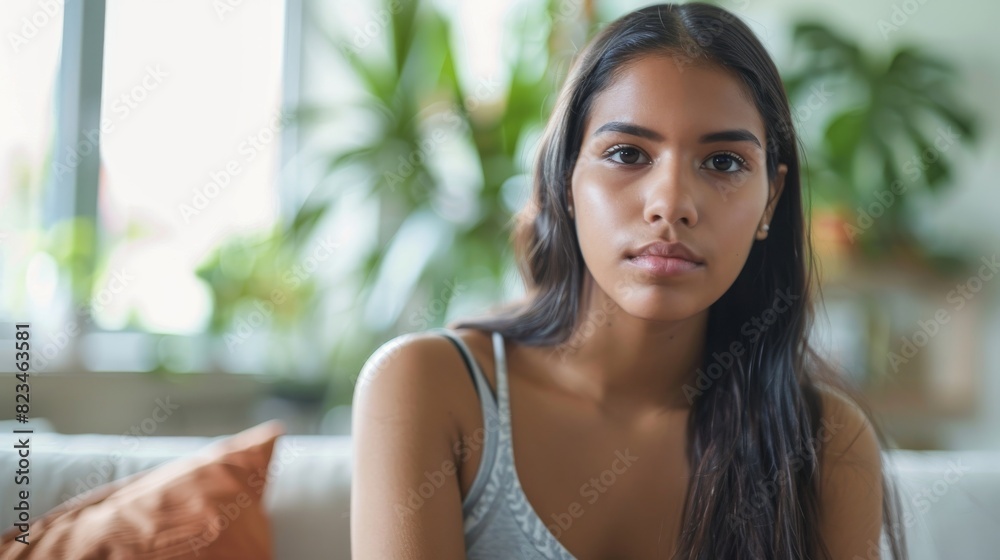 Latin Mexican female deep in thought while seated on a couch in a living room Latin Mexican female deep in thought while seated on a couch in a living room