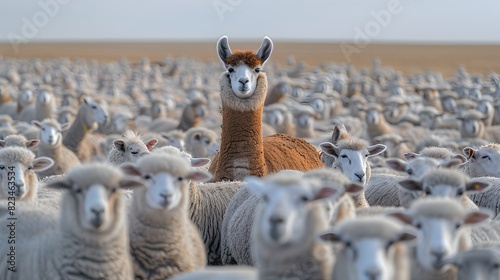 A llama with brown fur stands out distinctly in the middle of a large flock of white sheep in a wide, open field. - Generative AI