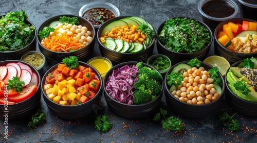 Diverse salads with fresh veggies, legumes, and greens in meal prep containers photo