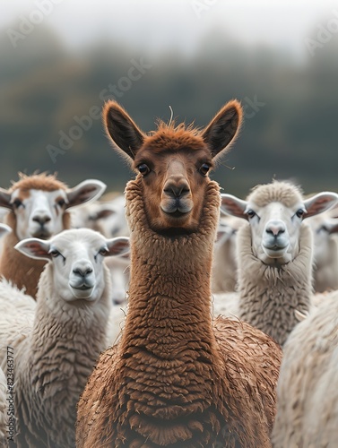 Llama Standing Tall Among Sheep in Pasture - Generative ai