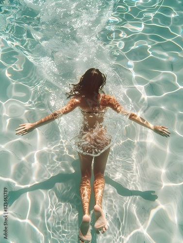Woman Floating Peacefully in Clear Pool Water - Generative ai