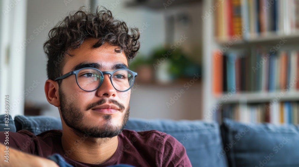 Latin Mexican male deep in thought, wearing glasses, seated on a sofa Latin Mexican male deep in thought, wearing glasses, seated on a sofa