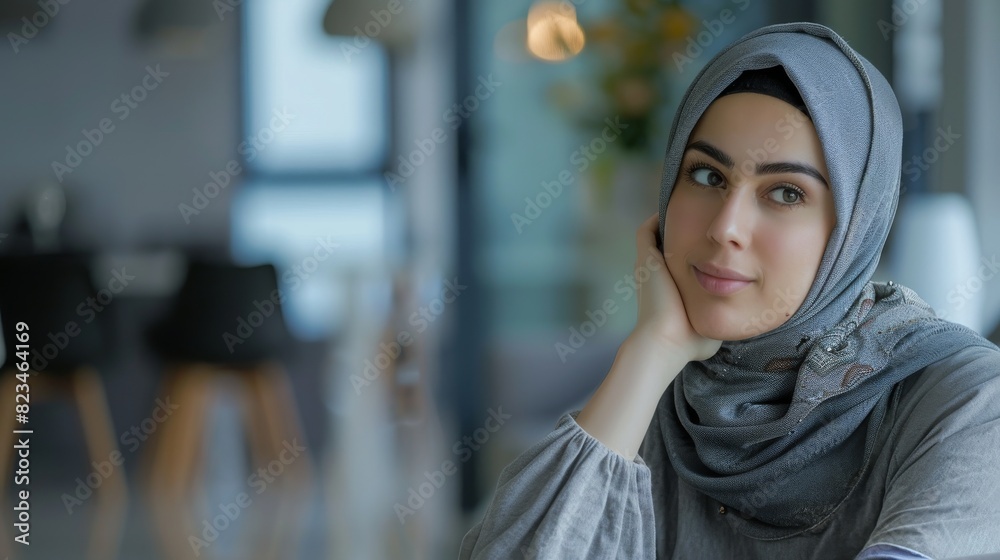 A Muslim woman wearing a headscarf, deep in thought, seated at a table A Muslim woman wearing a headscarf, deep in thought, seated at a table