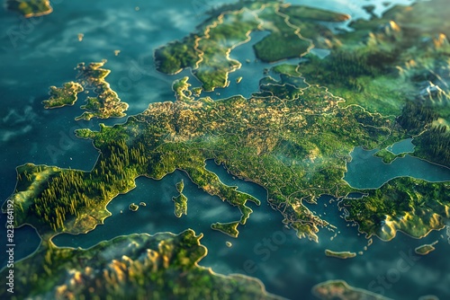 Computer-generated map of Europe with vibrant colors and intricate details. © Joaquin Corbalan
