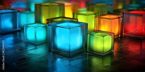 Colorful cubes in dimly lit space. Concept Abstract Photography, Colorful Cubes, Dimly Lit Space