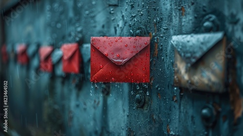 Red and gray mail envelopes on a wet blue metal surface under rain depicting communication and weather photo