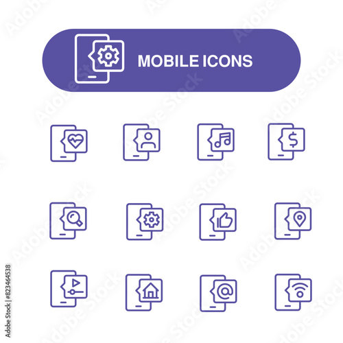 smartphone device vector lined icons set , mobile icon 