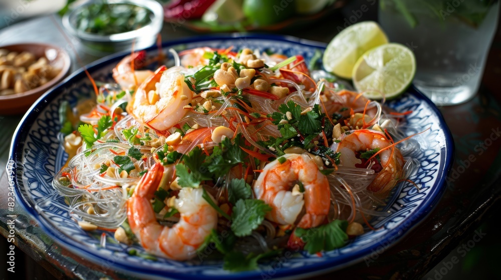 A vibrant Thai glass noodle salad with shrimp, garnished with fresh herbs, peanuts, and lime wedges, served on a decorative plate. A vibrant Thai glass noodle salad with shrimp, garnished with fresh herbs, peanuts, and lime wedges, served on a decorative plate.