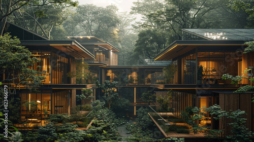 A science research facility nestled in a quiet forest clearing. Buildings are constructed from sustainable materials like wood and bamboo photo