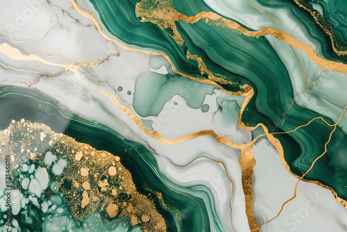 Emerald green and white marble with gold accents, luxurious abstract art, bold lines.