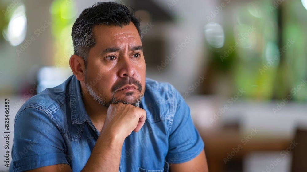 A man sitting at a table with his hand on his chin, deep in thought