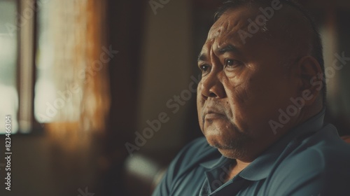 Close up of a chubby Indonesian male wearing a blue shirt, deep in thought