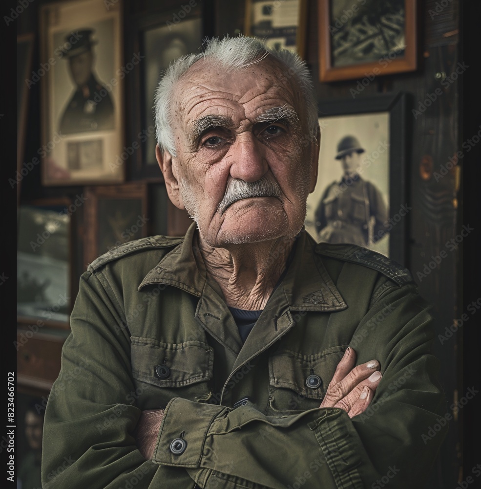 An elderly veteran with a stern expression and crossed arms, positioned in front of historical military memorabilia, commemorating Independence Day An elderly veteran with a stern expression and crossed arms, positioned in front of historical military memorabilia, commemorating Independence Day