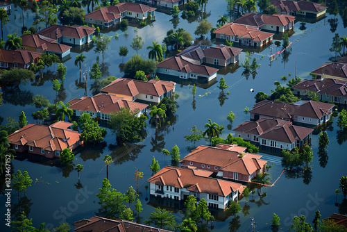 Homes and residential buildings submerged underwater in catastrophic flooding disaster