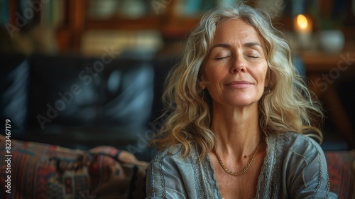 A mature woman closes her eyes in meditation, evoking tranquility and inner peace within a cozy home