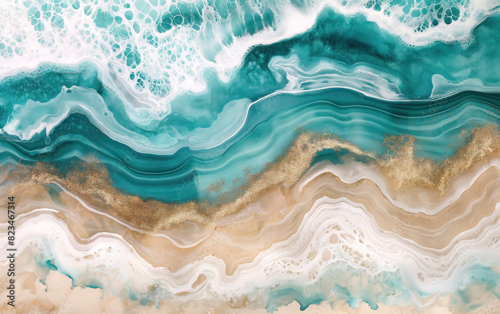 Obraz premium A soft, dreamy abstract painting of an ocean wave with layers of turquoise and white, and hints of sand colors, with fluid lines that flow into the sea.