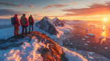 Hikers overlooking an arctic iceberg and glacier, A Hikers glacier panorama with mountains in the background at sunset, A man sits on a rock overlooking a large body of water, Generative Ai