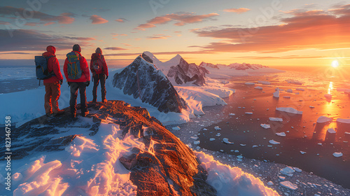 Hikers overlooking an arctic iceberg and glacier, A Hikers glacier panorama with mountains in the background at sunset, A man sits on a rock overlooking a large body of water, Generative Ai photo