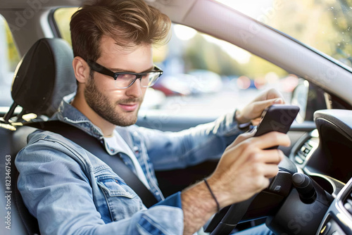 Man texting while driving, highlighting dangerous safety awareness