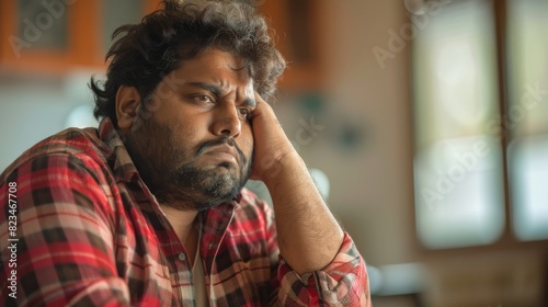 A man in a red and black checkered shirt is deep in thought, holding his hand to his chin photo