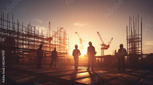 Silhouette Teams of Business Engineers Reviewing Blueprints in Blurry Construction Site at Sunset