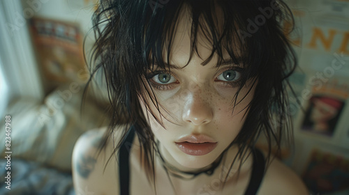 Beautiful girl looking at camera with short black square haircut, goth and dirty style, chokers and accessories. generative ai