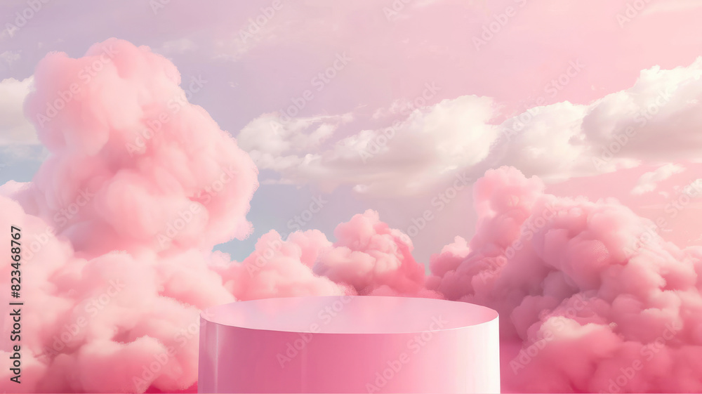 3D pink podium with a dreamy sky background. pink clouds sky background for showcasing products or creating a beauty-themed display. 3D pink podium with a dreamy sky background. pink clouds sky background for showcasing products or creating a beauty-themed display.