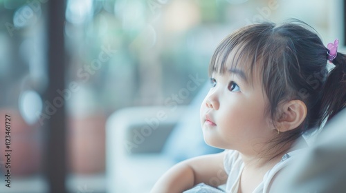 Little Chinese girl sitting on a couch, gaze directed out the window
