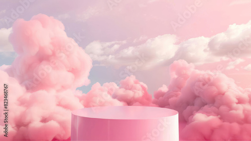 3D pink podium with a dreamy sky background. pink clouds sky background for showcasing products or creating a beauty-themed display.